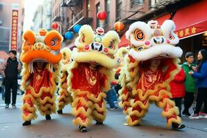 Dragon or lion dance show barongsai in celebration chinese lunar new year festival. Asian traditional concept by AI Generated photo