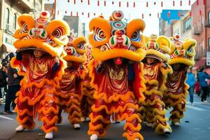 Dragon or lion dance show barongsai in celebration chinese lunar new year festival. Asian traditional concept by AI Generated photo