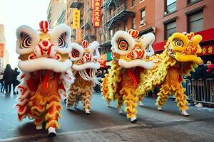 continuar o león danza espectáculo barongsai en celebracion chino lunar nuevo año festival. asiático tradicional concepto por ai generado foto