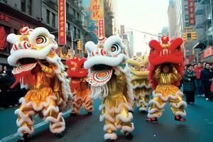 continuar o león danza espectáculo barongsai en celebracion chino lunar nuevo año festival. asiático tradicional concepto por ai generado foto