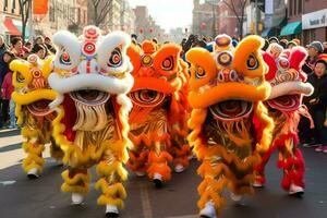 Dragon or lion dance show barongsai in celebration chinese lunar new year festival. Asian traditional concept by AI Generated photo