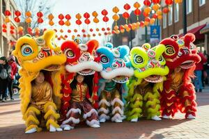 continuar o león danza espectáculo barongsai en celebracion chino lunar nuevo año festival. asiático tradicional concepto por ai generado foto