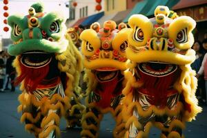 continuar o león danza espectáculo barongsai en celebracion chino lunar nuevo año festival. asiático tradicional concepto por ai generado foto