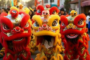 continuar o león danza espectáculo barongsai en celebracion chino lunar nuevo año festival. asiático tradicional concepto por ai generado foto