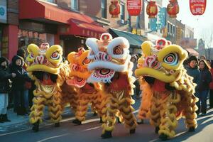 Dragon or lion dance show barongsai in celebration chinese lunar new year festival. Asian traditional concept by AI Generated photo