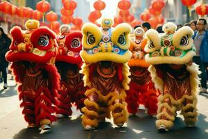 Dragon or lion dance show barongsai in celebration chinese lunar new year festival. Asian traditional concept by AI Generated photo