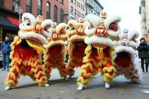 continuar o león danza espectáculo barongsai en celebracion chino lunar nuevo año festival. asiático tradicional concepto por ai generado foto