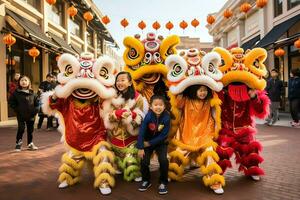 continuar o león danza espectáculo barongsai en celebracion chino lunar nuevo año festival. asiático tradicional concepto por ai generado foto