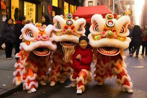 continuar o león danza espectáculo barongsai en celebracion chino lunar nuevo año festival. asiático tradicional concepto por ai generado foto