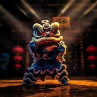 Dragon or lion dance show barongsai in celebration chinese lunar new year festival. Asian traditional concept by AI Generated photo