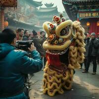 continuar o león danza espectáculo barongsai en celebracion chino lunar nuevo año festival. asiático tradicional concepto por ai generado foto