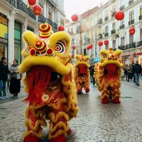 continuar o león danza espectáculo barongsai en celebracion chino lunar nuevo año festival. asiático tradicional concepto por ai generado foto