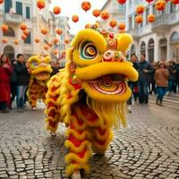 Dragon or lion dance show barongsai in celebration chinese lunar new year festival. Asian traditional concept by AI Generated photo