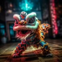 Dragon or lion dance show barongsai in celebration chinese lunar new year festival. Asian traditional concept by AI Generated photo