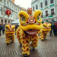 continuar o león danza espectáculo barongsai en celebracion chino lunar nuevo año festival. asiático tradicional concepto por ai generado foto