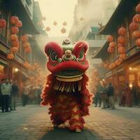 continuar o león danza espectáculo barongsai en celebracion chino lunar nuevo año festival. asiático tradicional concepto por ai generado foto