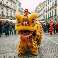 Dragon or lion dance show barongsai in celebration chinese lunar new year festival. Asian traditional concept by AI Generated photo