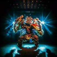 continuar o león danza espectáculo barongsai en celebracion chino lunar nuevo año festival. asiático tradicional concepto por ai generado foto