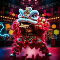 continuar o león danza espectáculo barongsai en celebracion chino lunar nuevo año festival. asiático tradicional concepto por ai generado foto