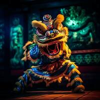 continuar o león danza espectáculo barongsai en celebracion chino lunar nuevo año festival. asiático tradicional concepto por ai generado foto