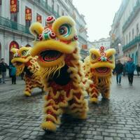 Dragon or lion dance show barongsai in celebration chinese lunar new year festival. Asian traditional concept by AI Generated photo