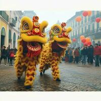 continuar o león danza espectáculo barongsai en celebracion chino lunar nuevo año festival. asiático tradicional concepto por ai generado foto