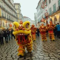 continuar o león danza espectáculo barongsai en celebracion chino lunar nuevo año festival. asiático tradicional concepto por ai generado foto