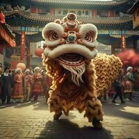 Dragon or lion dance show barongsai in celebration chinese lunar new year festival. Asian traditional concept by AI Generated photo