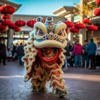 Dragon or lion dance show barongsai in celebration chinese lunar new year festival. Asian traditional concept by AI Generated photo