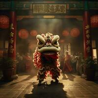 Dragon or lion dance show barongsai in celebration chinese lunar new year festival. Asian traditional concept by AI Generated photo