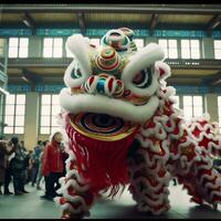 continuar o león danza espectáculo barongsai en celebracion chino lunar nuevo año festival. asiático tradicional concepto por ai generado foto