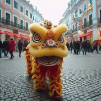 continuar o león danza espectáculo barongsai en celebracion chino lunar nuevo año festival. asiático tradicional concepto por ai generado foto