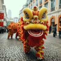 Dragon or lion dance show barongsai in celebration chinese lunar new year festival. Asian traditional concept by AI Generated photo