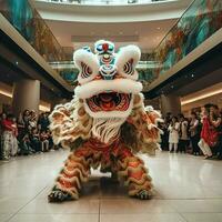 Dragon or lion dance show barongsai in celebration chinese lunar new year festival. Asian traditional concept by AI Generated photo