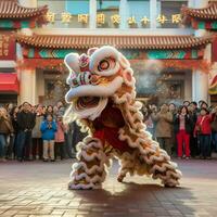 Dragon or lion dance show barongsai in celebration chinese lunar new year festival. Asian traditional concept by AI Generated photo