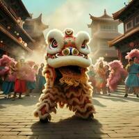 Dragon or lion dance show barongsai in celebration chinese lunar new year festival. Asian traditional concept by AI Generated photo