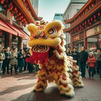 Dragon or lion dance show barongsai in celebration chinese lunar new year festival. Asian traditional concept by AI Generated photo