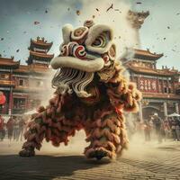 Dragon or lion dance show barongsai in celebration chinese lunar new year festival. Asian traditional concept by AI Generated photo