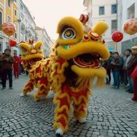 continuar o león danza espectáculo barongsai en celebracion chino lunar nuevo año festival. asiático tradicional concepto por ai generado foto