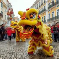 Dragon or lion dance show barongsai in celebration chinese lunar new year festival. Asian traditional concept by AI Generated photo