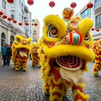 continuar o león danza espectáculo barongsai en celebracion chino lunar nuevo año festival. asiático tradicional concepto por ai generado foto