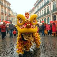 Dragon or lion dance show barongsai in celebration chinese lunar new year festival. Asian traditional concept by AI Generated photo