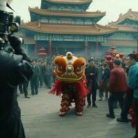 Dragon or lion dance show barongsai in celebration chinese lunar new year festival. Asian traditional concept by AI Generated photo