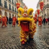 continuar o león danza espectáculo barongsai en celebracion chino lunar nuevo año festival. asiático tradicional concepto por ai generado foto