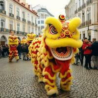 Dragon or lion dance show barongsai in celebration chinese lunar new year festival. Asian traditional concept by AI Generated photo