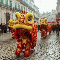 Dragon or lion dance show barongsai in celebration chinese lunar new year festival. Asian traditional concept by AI Generated photo