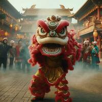 Dragon or lion dance show barongsai in celebration chinese lunar new year festival. Asian traditional concept by AI Generated photo