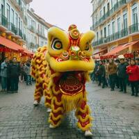 continuar o león danza espectáculo barongsai en celebracion chino lunar nuevo año festival. asiático tradicional concepto por ai generado foto