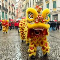 continuar o león danza espectáculo barongsai en celebracion chino lunar nuevo año festival. asiático tradicional concepto por ai generado foto