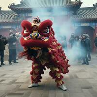 Dragon or lion dance show barongsai in celebration chinese lunar new year festival. Asian traditional concept by AI Generated photo